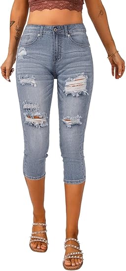 Vetinee Women's High Waisted Ripped Skinny Denim Capri Jeans