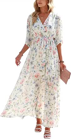 Womens Summer Loose Kimono Maxi Dress with Floral Print Style