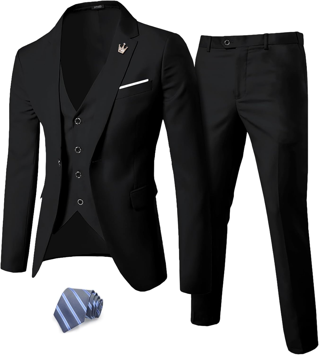 YND Men's Slim Fit 3 Piece Suit Set with One Button Blazer