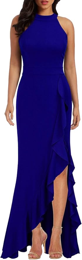 WOOSEA Women's High Neck Split Bodycon Mermaid Evening Dress