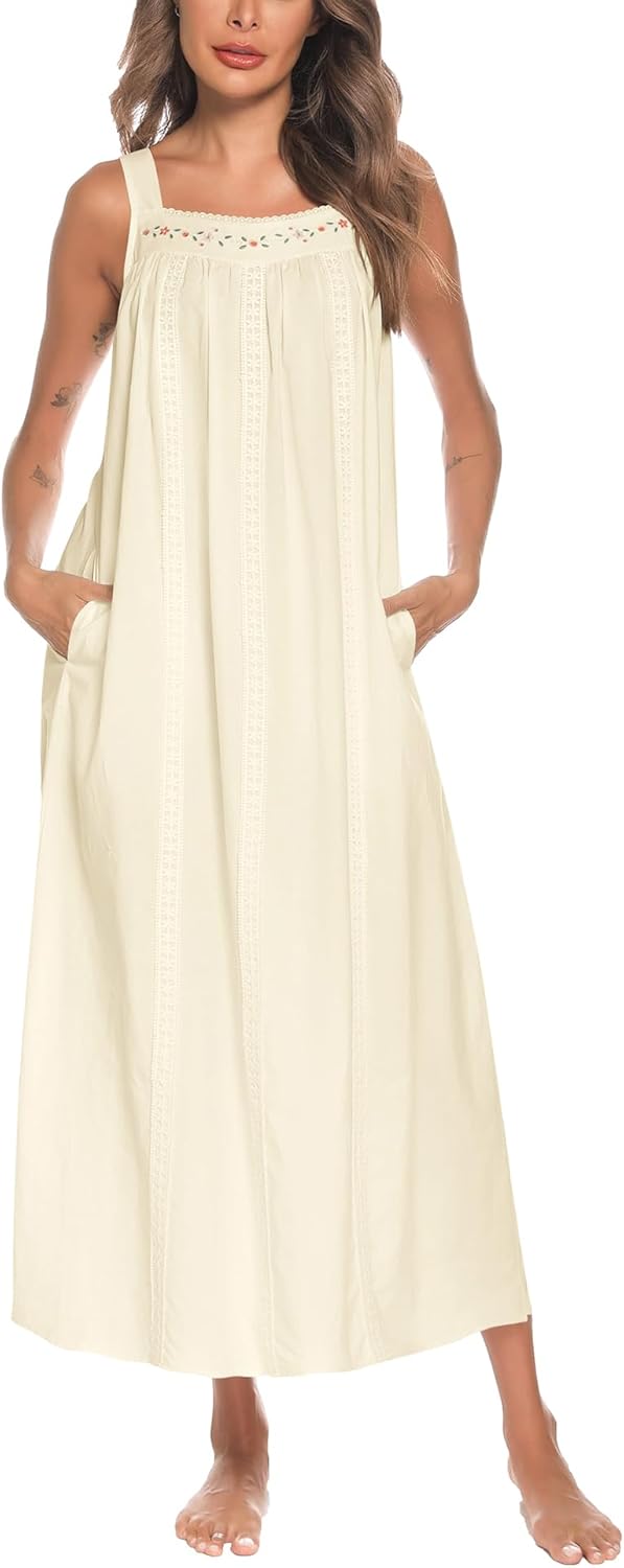 Cotton Nightgowns for Women with Pockets and Embroidery