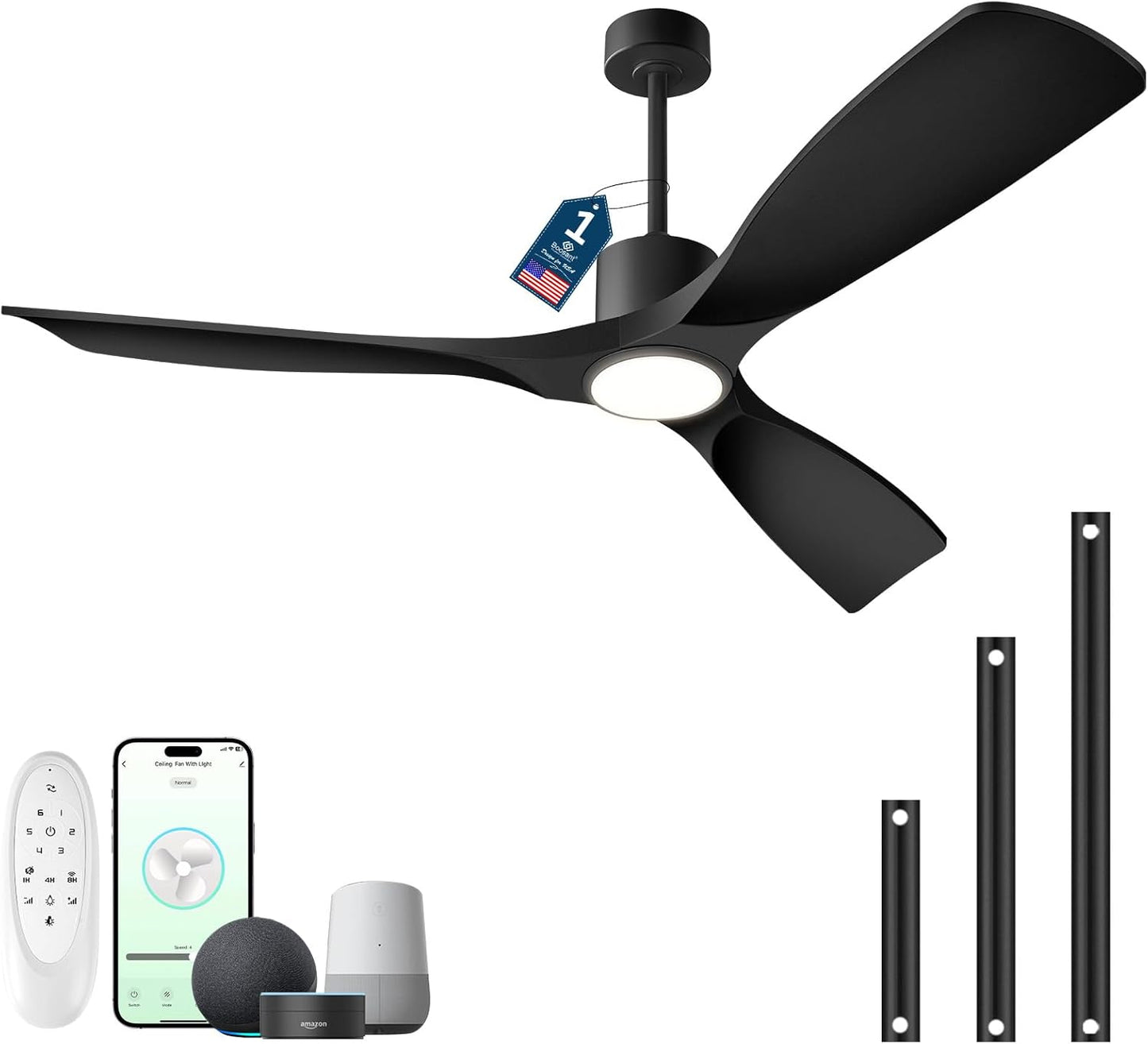 Smart 52 inch Black Ceiling Fan with Lights and Remote Control