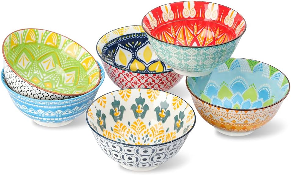 Set of 6 Colorful Porcelain 23oz Deep Bowls - Microwave/Dishwasher Safe