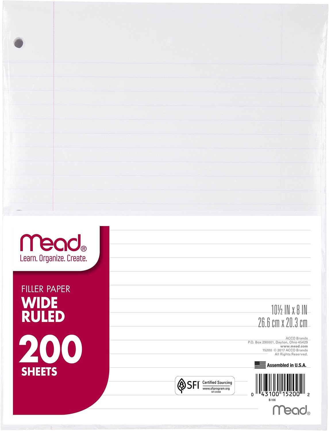 200 Sheets Mead Wide Ruled Paper, 8x10.5, Standard Size