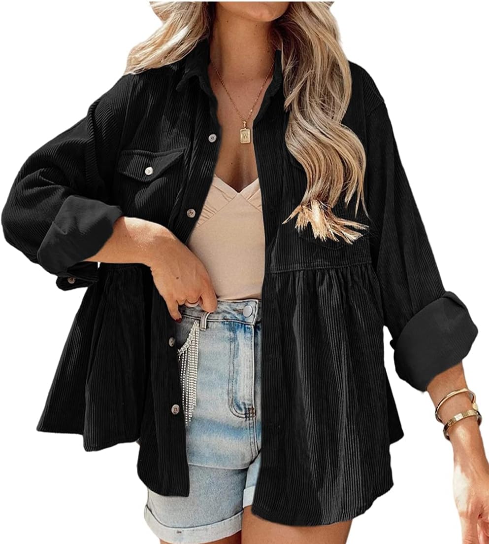 Womens Corduroy Peplum Shirt with Pockets for Casual Style