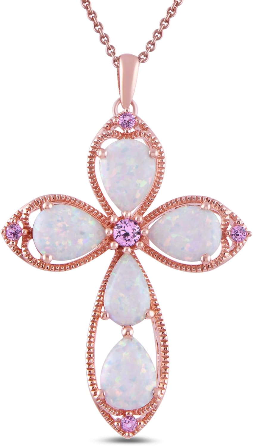 Elegant Rose Gold Cross Pendant Necklace with Opal and Sapphire