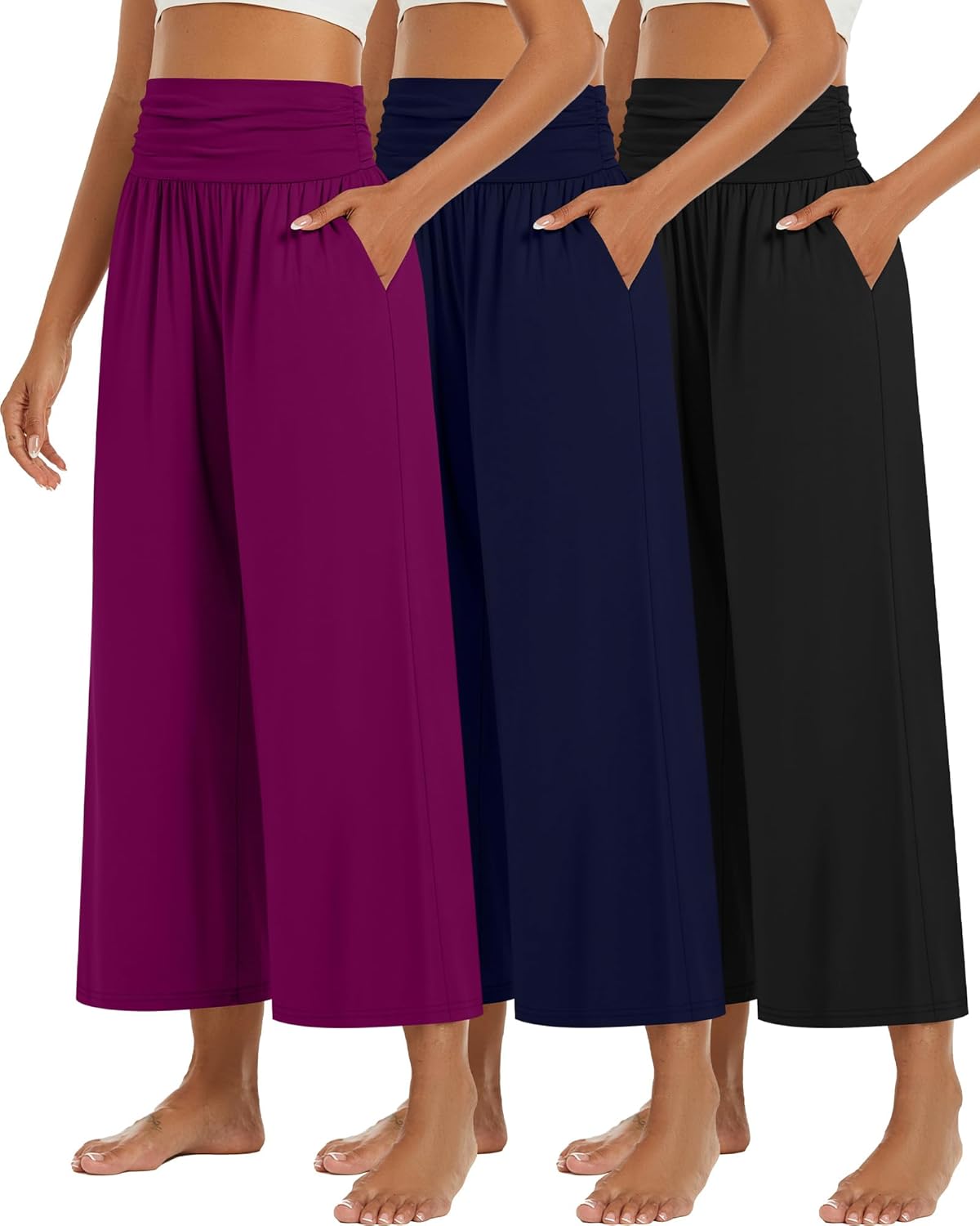 Huukeay Wide Leg Cropped Pants for Women with Pockets