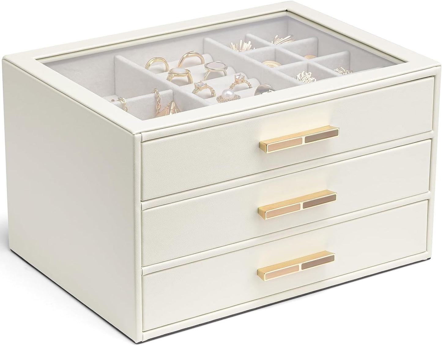 Vlando Jewelry Box for Women with Glass Lid and 3 Drawers