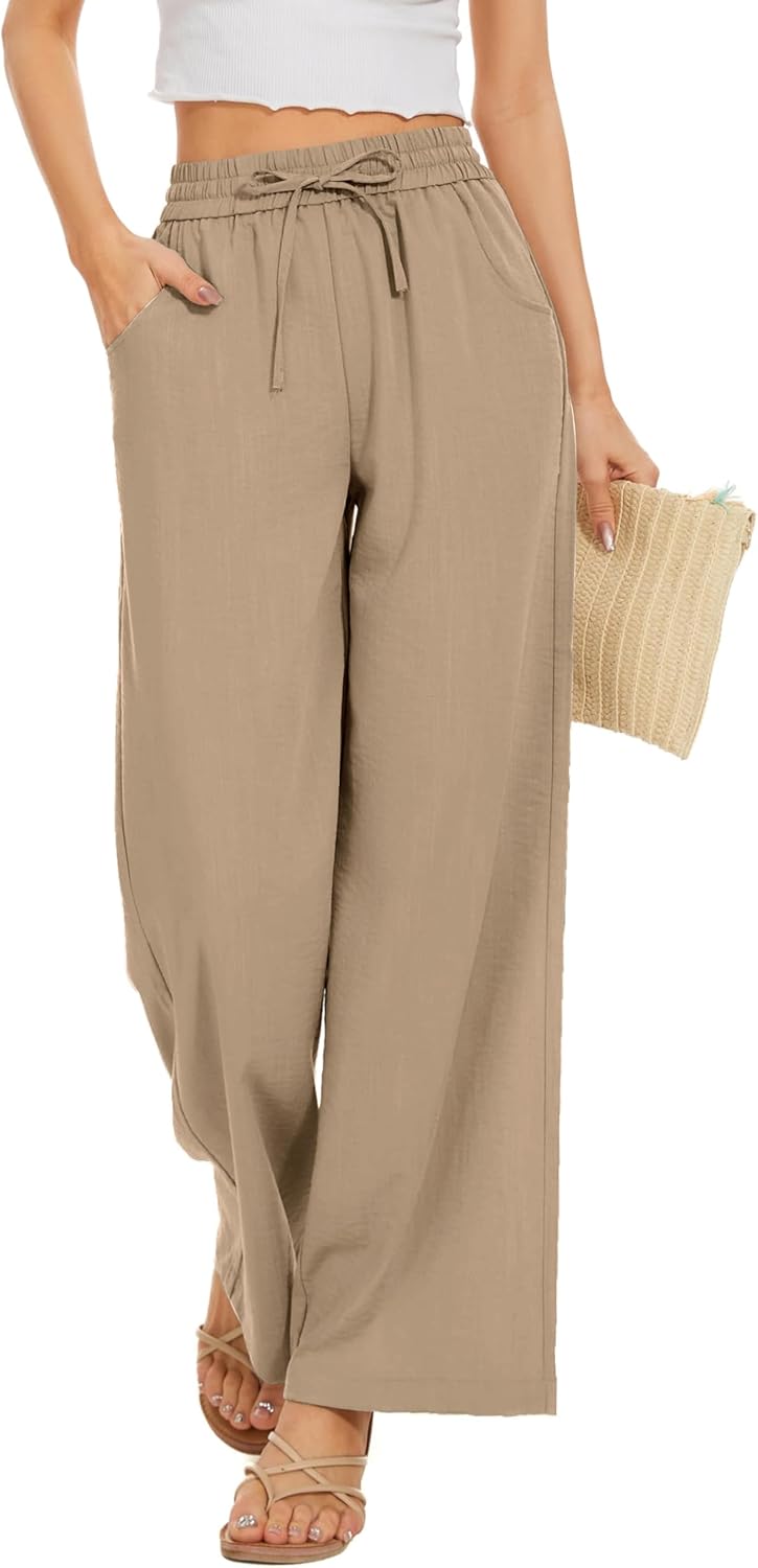Women Flowy Pants Drawstring Waist Wide Leg Palazzo Beach Pants