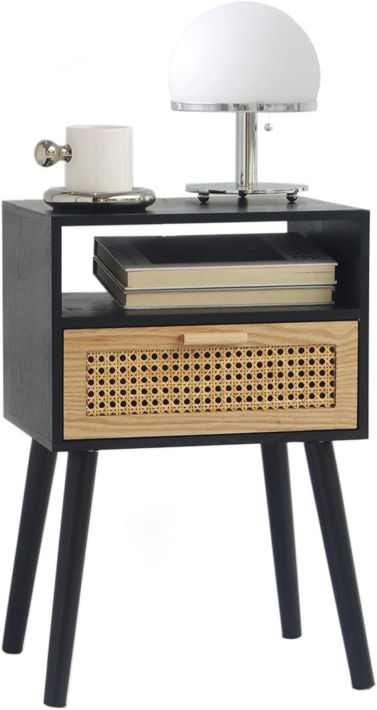 MaxSmeo End Table with Rattan Drawer for Stylish Storage