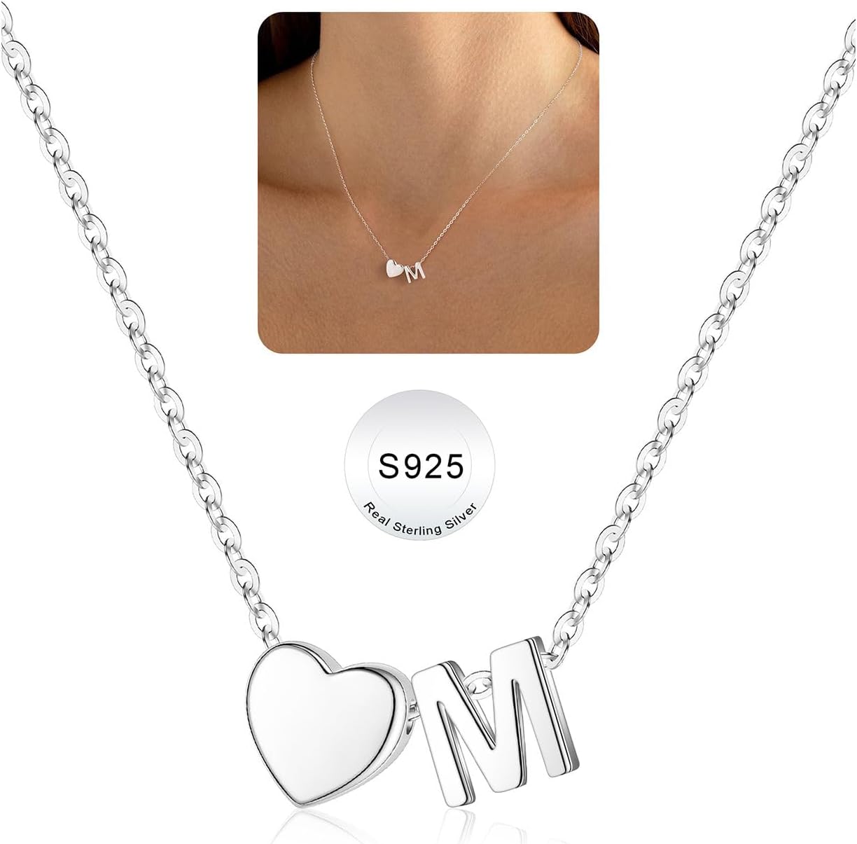 Dainty S925 Sterling Silver Heart Initial Necklace for Girls