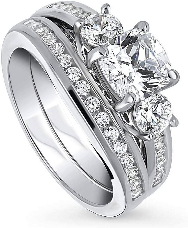 BERRICLE Sterling Silver 3-Stone Wedding Engagement Ring Set