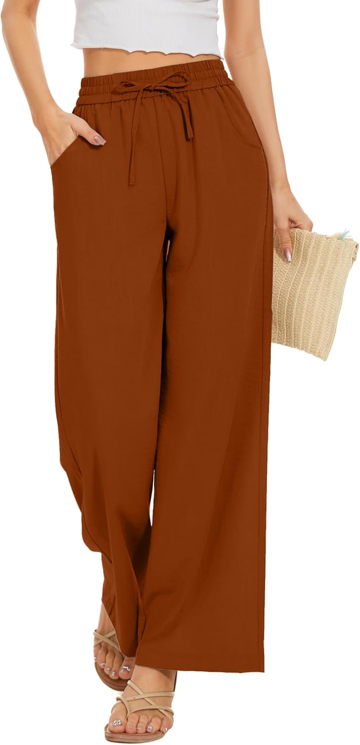 Women Flowy Pants Drawstring Waist Wide Leg Palazzo Beach Pants