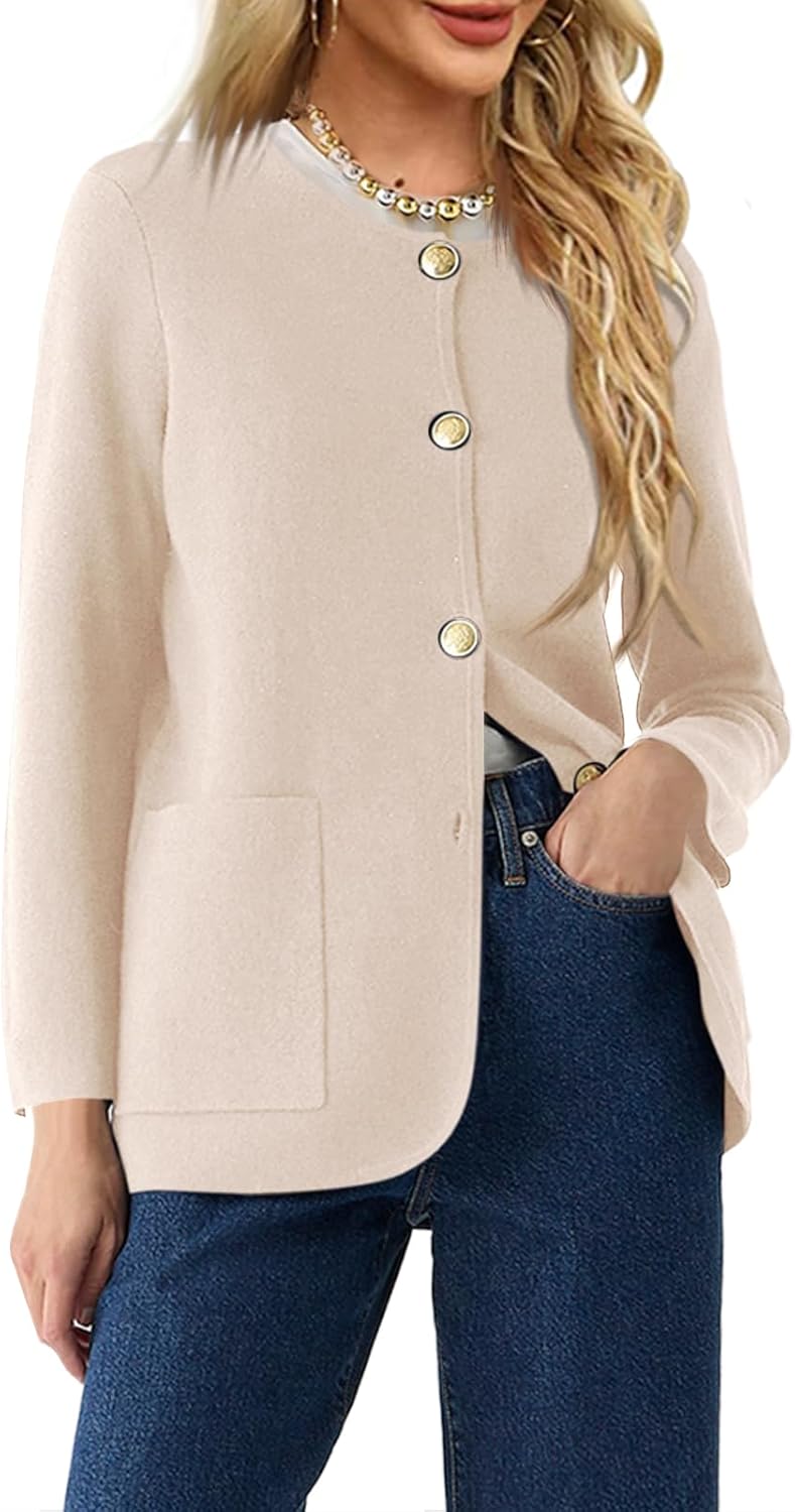 Langwyqu Womens Crew Neck Button Down Blazer Sweater with Pockets