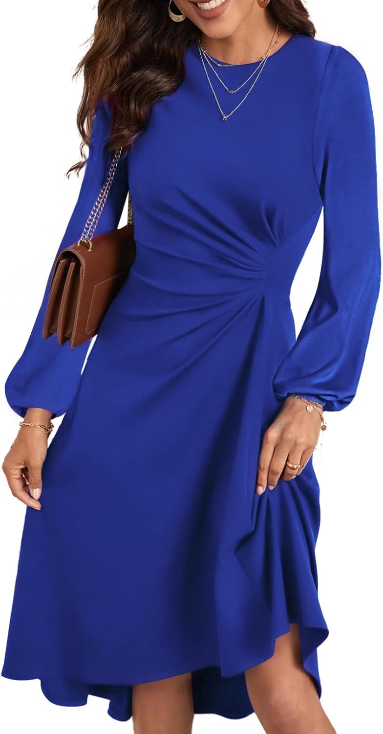 Happy Sailed Women's Long Sleeve Ruched Waist Midi Dress