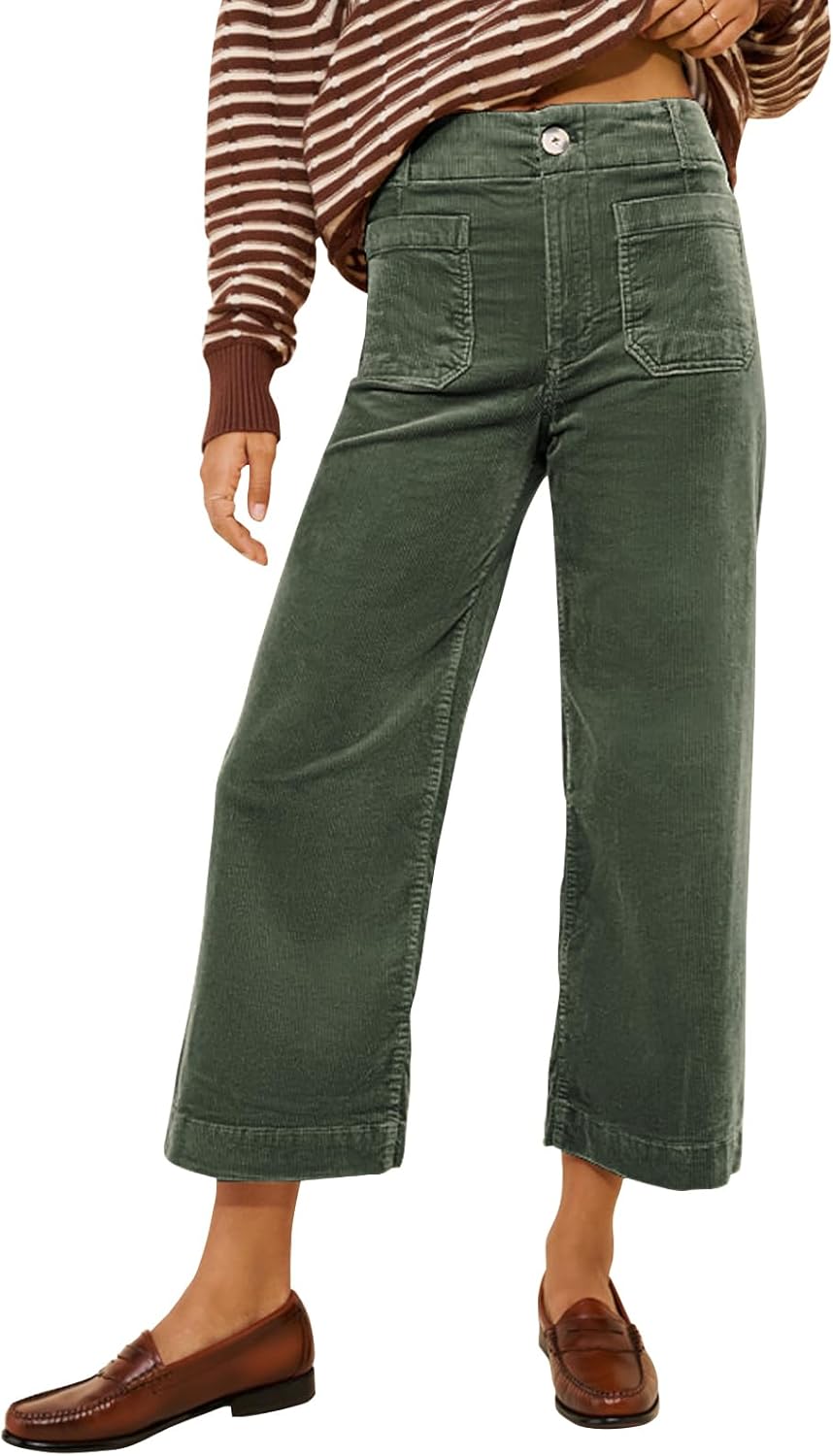 Miduo Womens Casual High Waisted Corduroy Wide Leg Pants