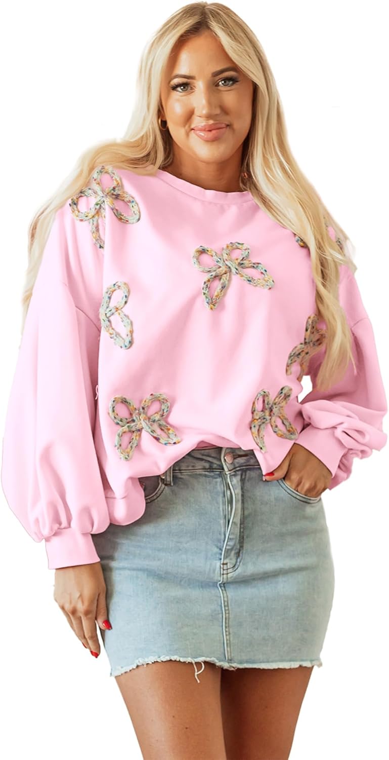 Embroidered Bow Lantern Sleeve Oversized Pullover by Wolddress