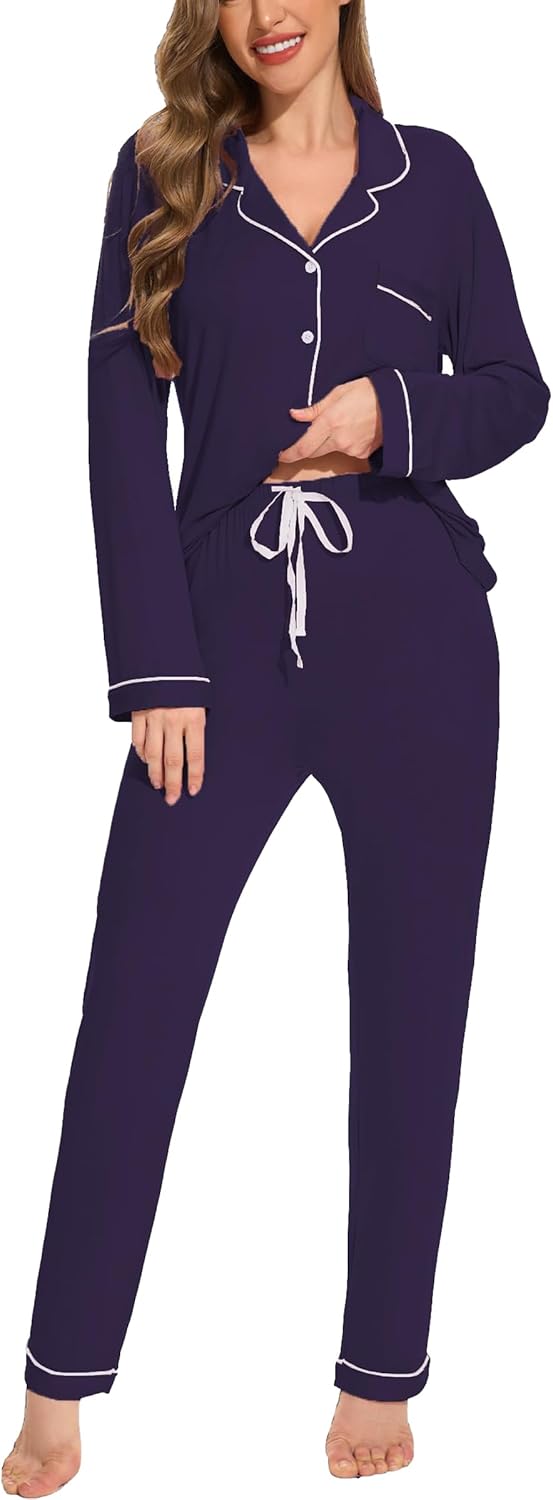 Button Up Pajamas for Women Long Sleeve Soft Loungewear Set
