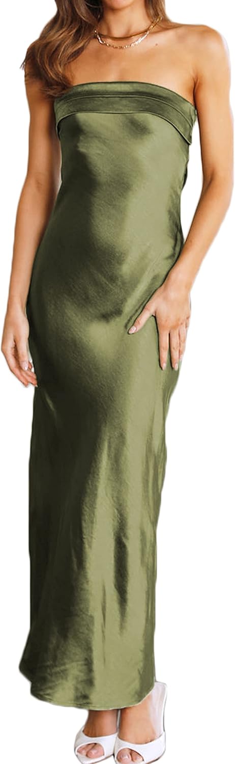 Realtix Satin Silk Backless Tube Tops Maxi Dress for Women