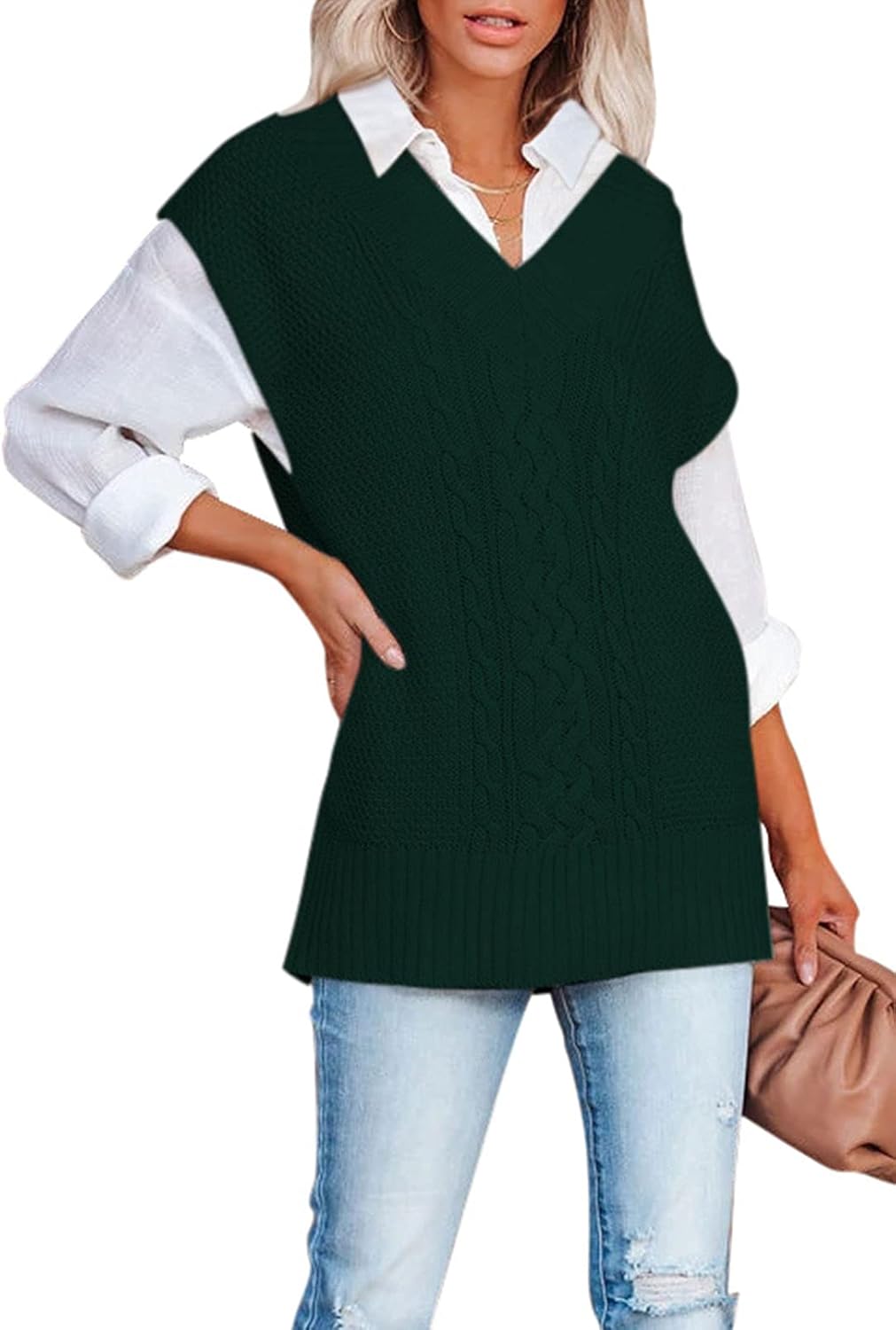 Viottiset Women's Oversized V Neck Knit Sweater Vest Tunic