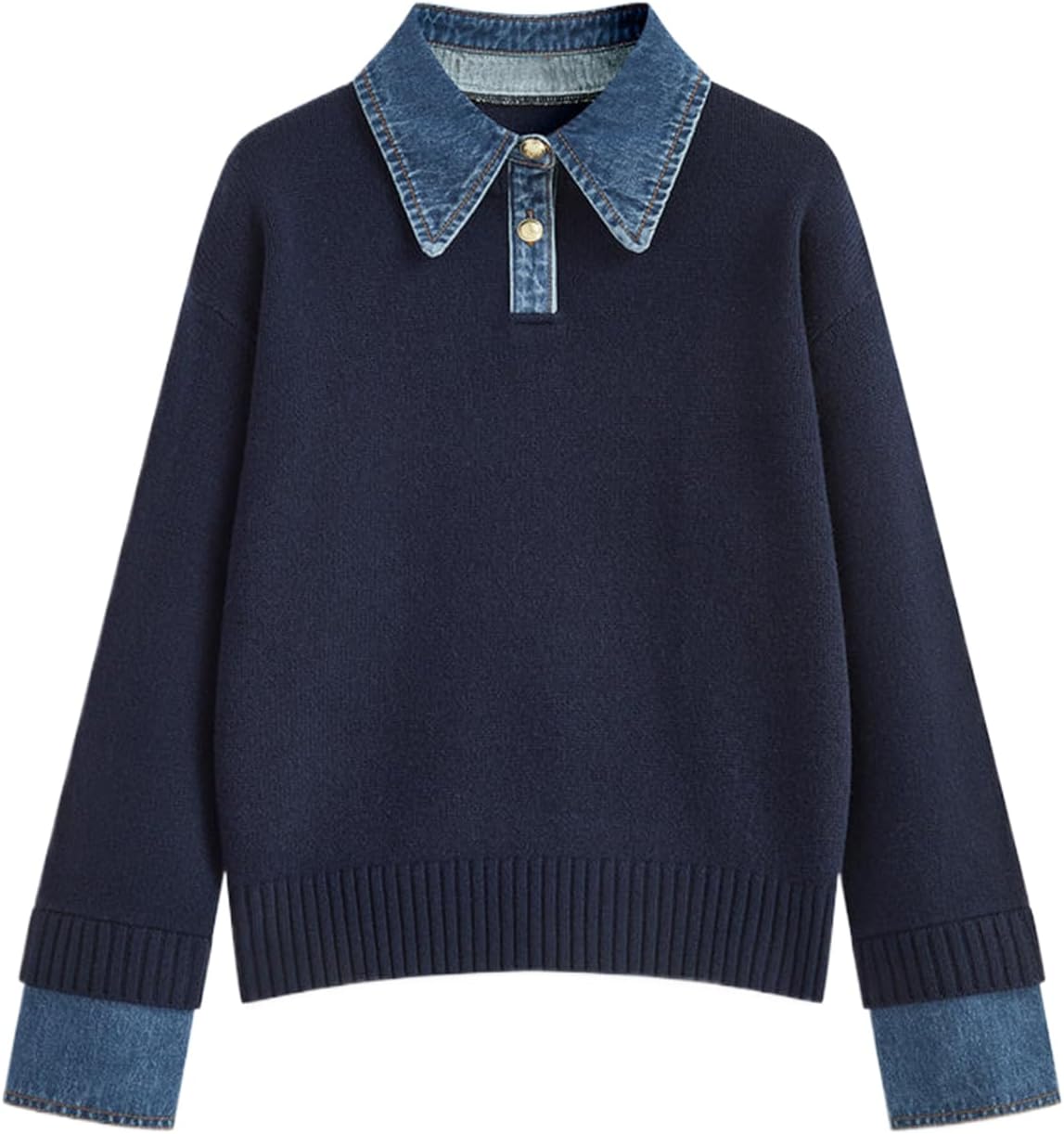 Womens Fall Oversized Long Sleeve Sweaters with Denim Collar