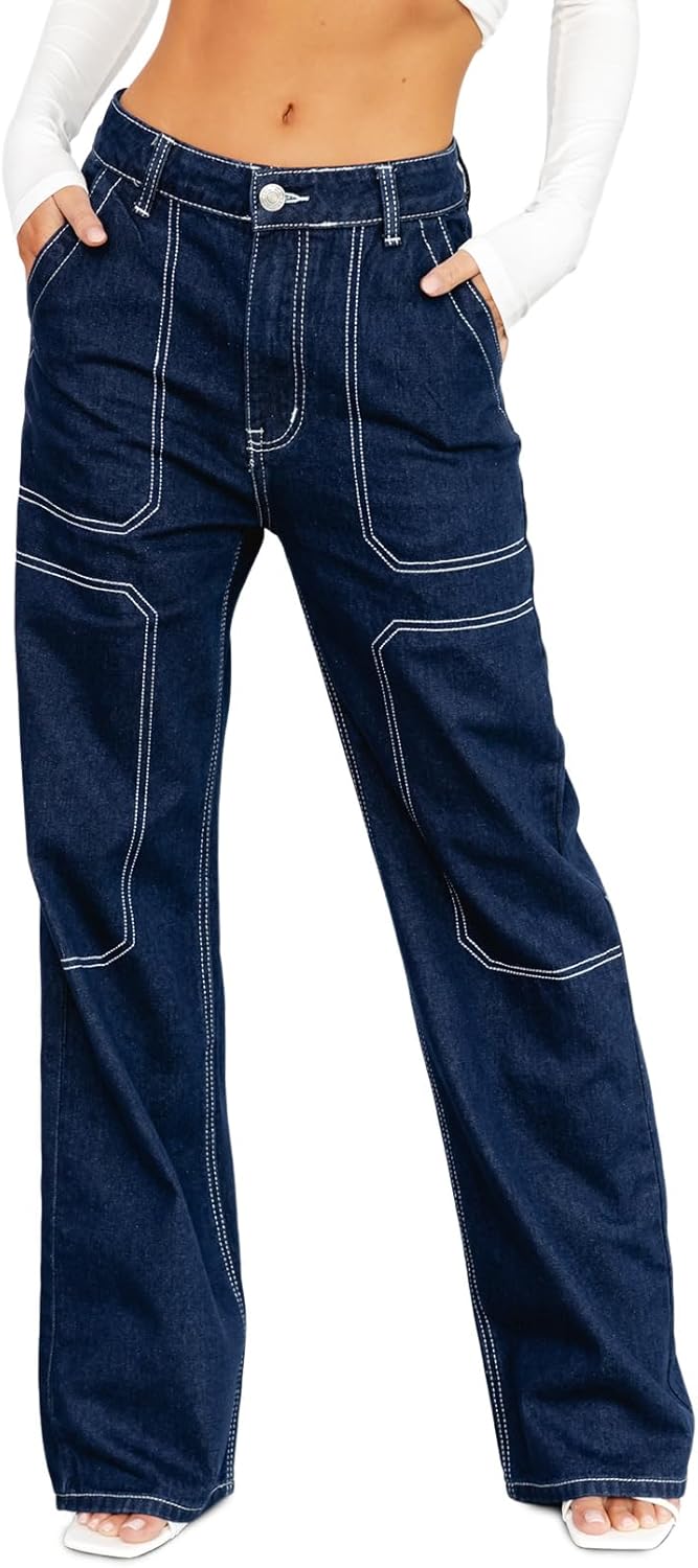 Trendy Cargo Jeans for Women - Casual Loose Wide Leg Denim