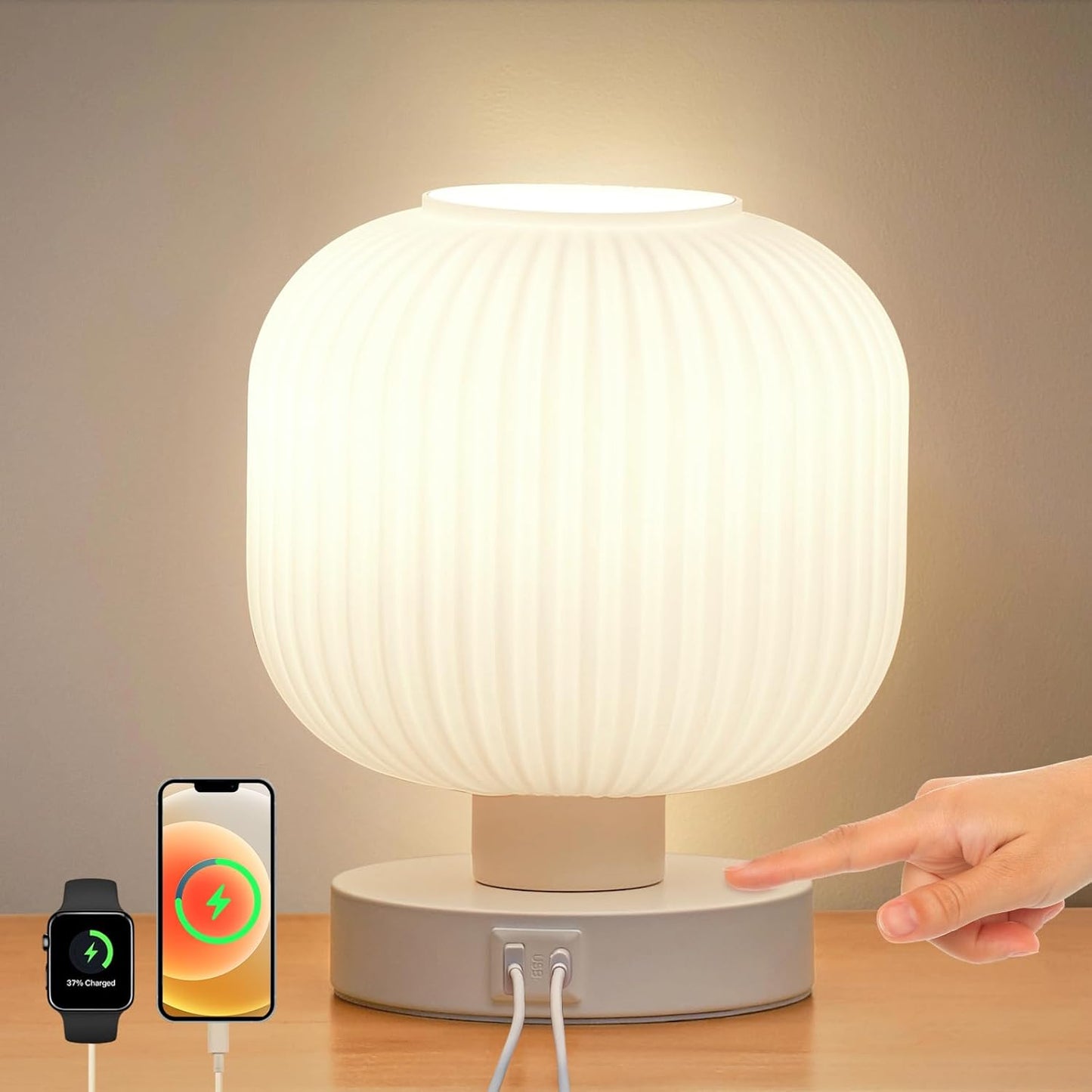 Big Touch Glass Bedside Lamps with USB Charging Ports for Home