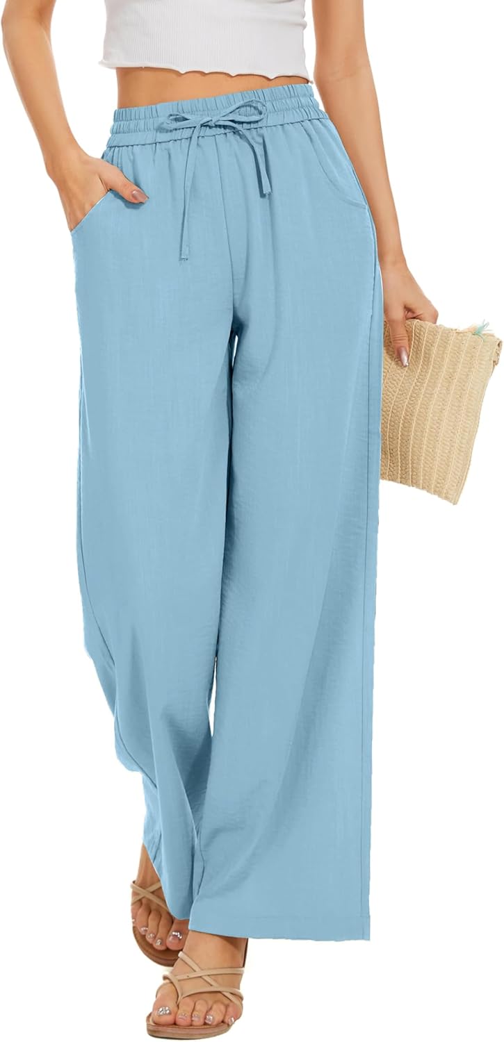 Women Flowy Pants Wide Leg Palazzo Beach Pants with Pockets