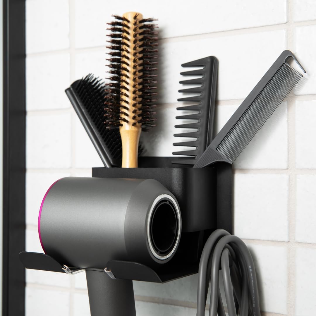 Sturdy Wall Mount Hair Dryer Holder - Water Resistant, Dual Install Options - Black