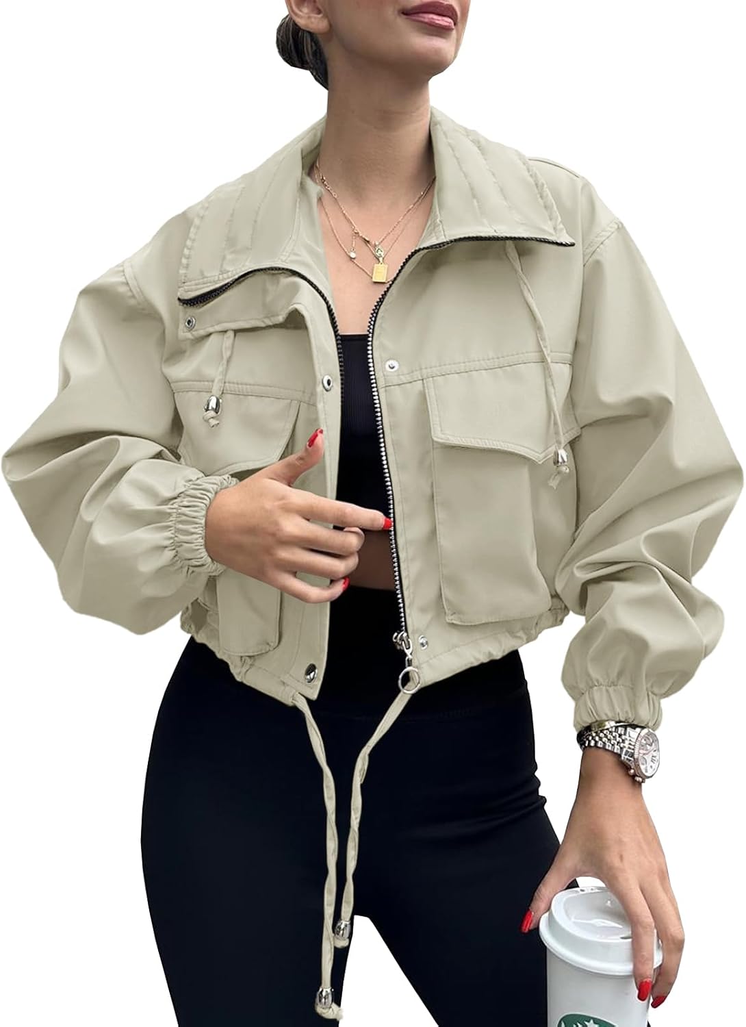Tankaneo Womens Cropped Jacket Zip Up Lightweight Utility Coat