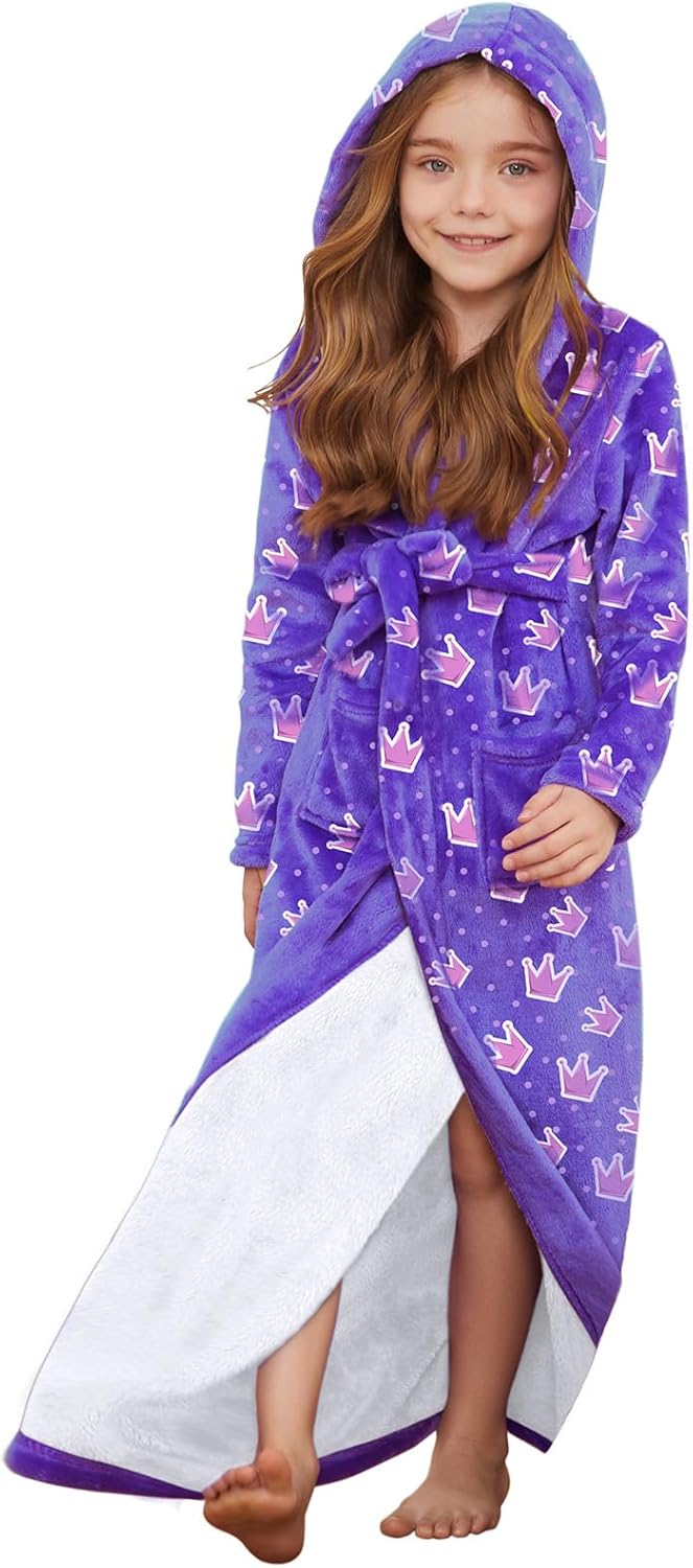 Jxstar Girls Bathrobes Long Hooded Plush Coral Fleece Sleepwear