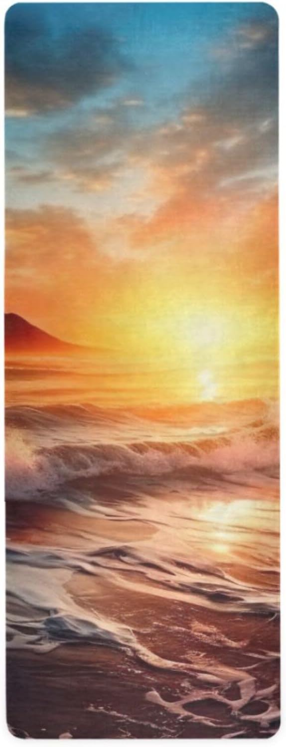 Non Slip Sunset Beach Yoga Mat 71 x 26 - 1mm Thick - Ideal for Yoga & Pilates