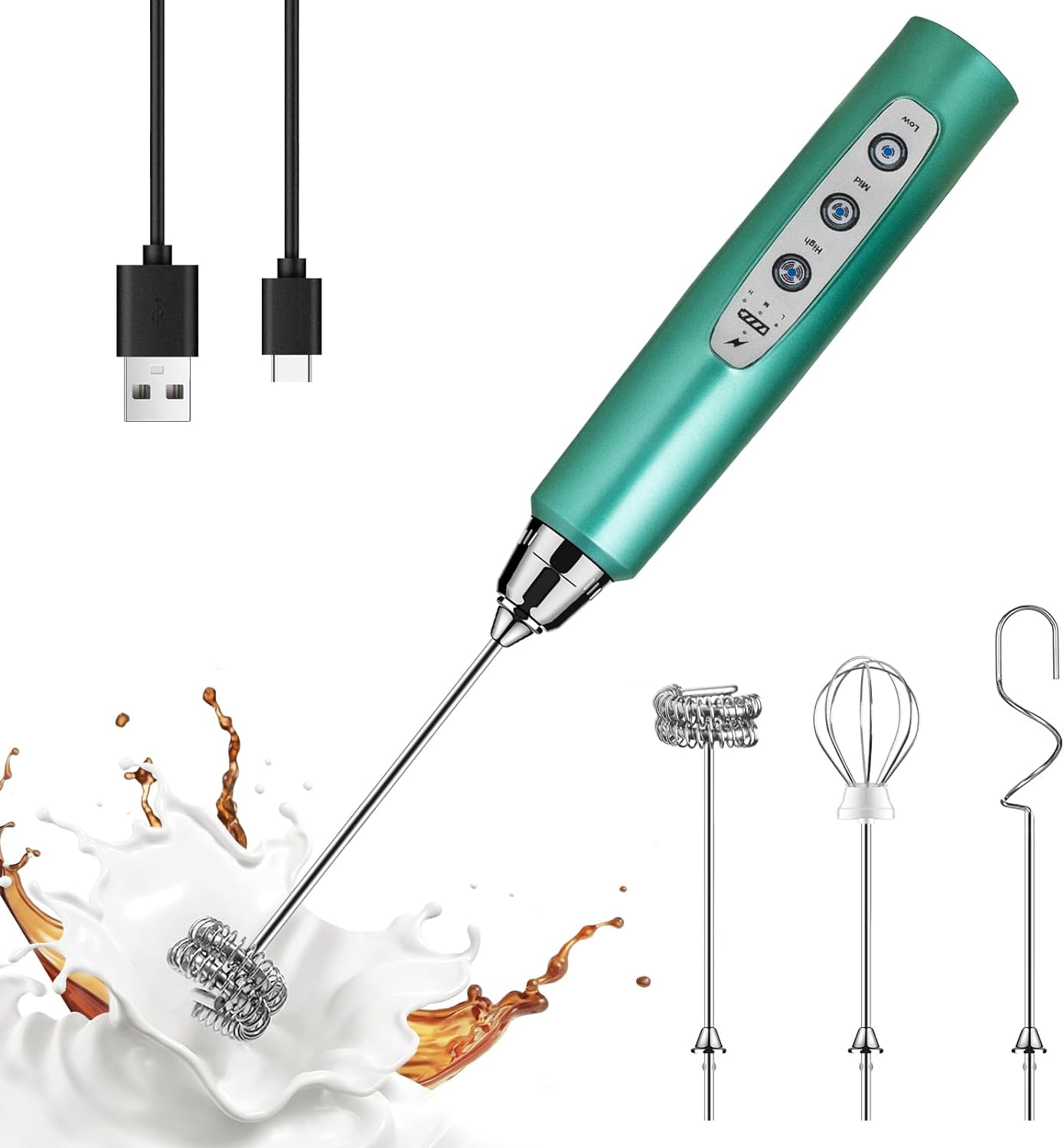 YUSWKO Rechargeable Electric Milk Frother - 3 Heads, 3 Speeds