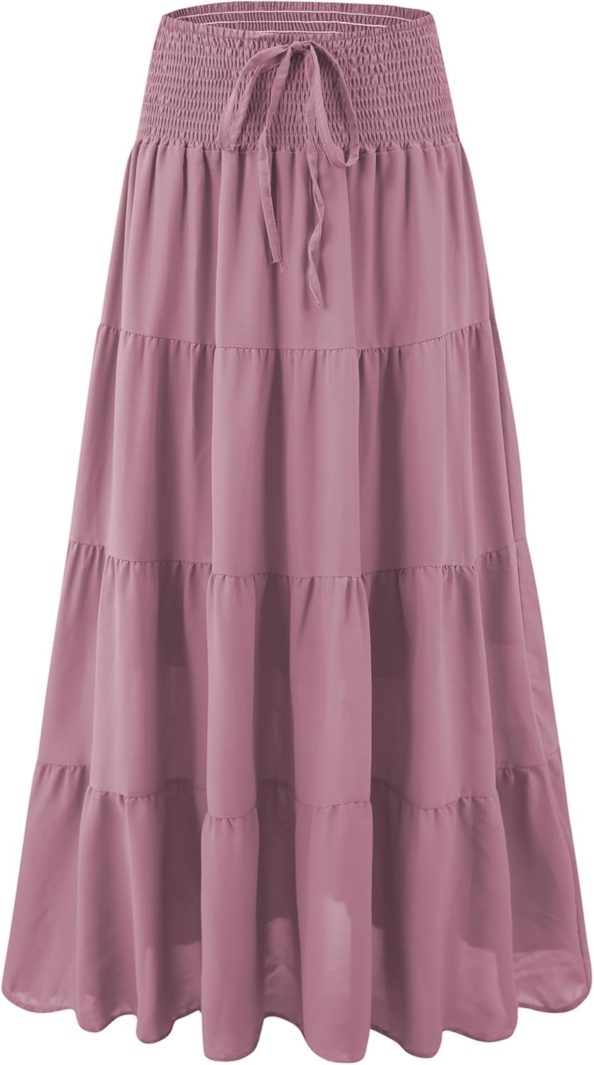 Womens Ruffle Maxi Skirts: High-Waist Elastic Pleated Long Skirt