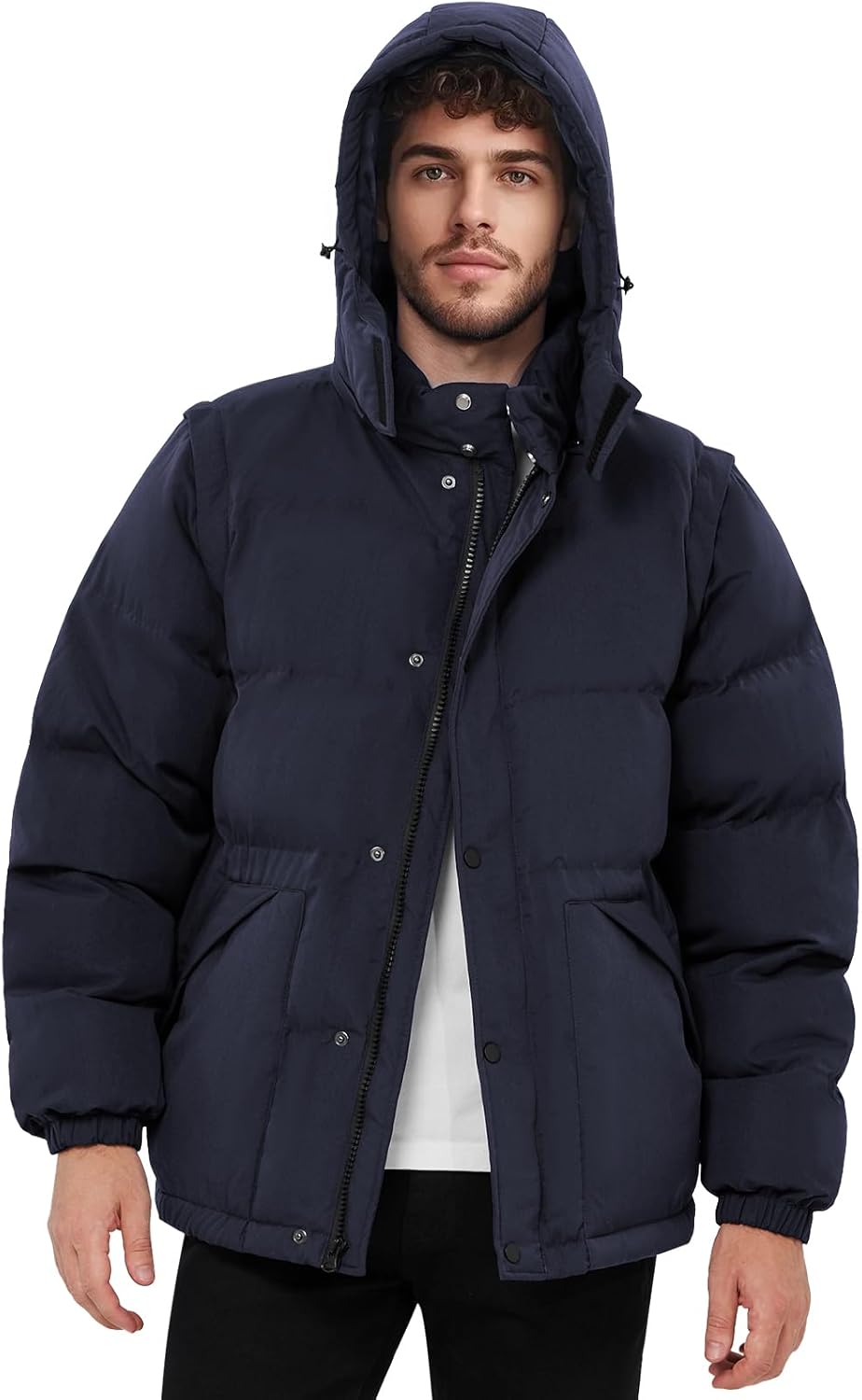 Men's Water-Resistant Hooded Puffer Parka with Removable Sleeves
