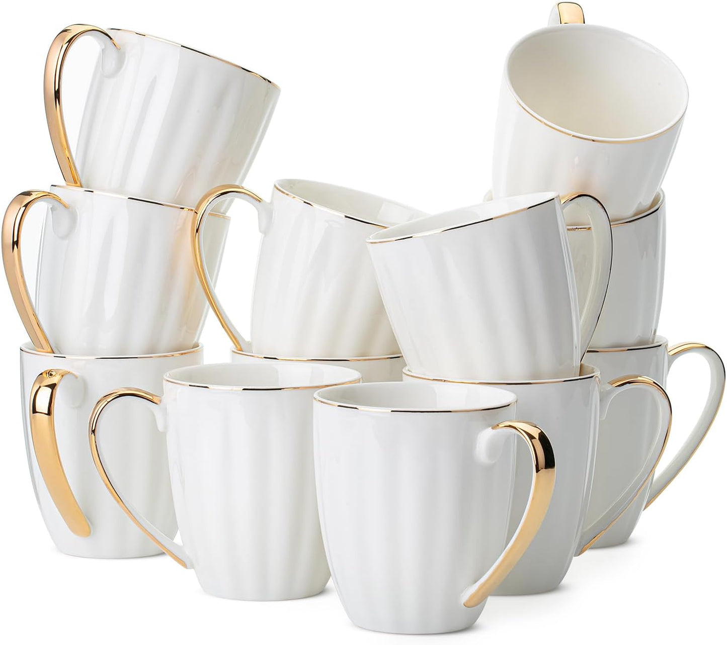 Elegant White Porcelain Coffee Mugs Set with Gold Rim - 12oz