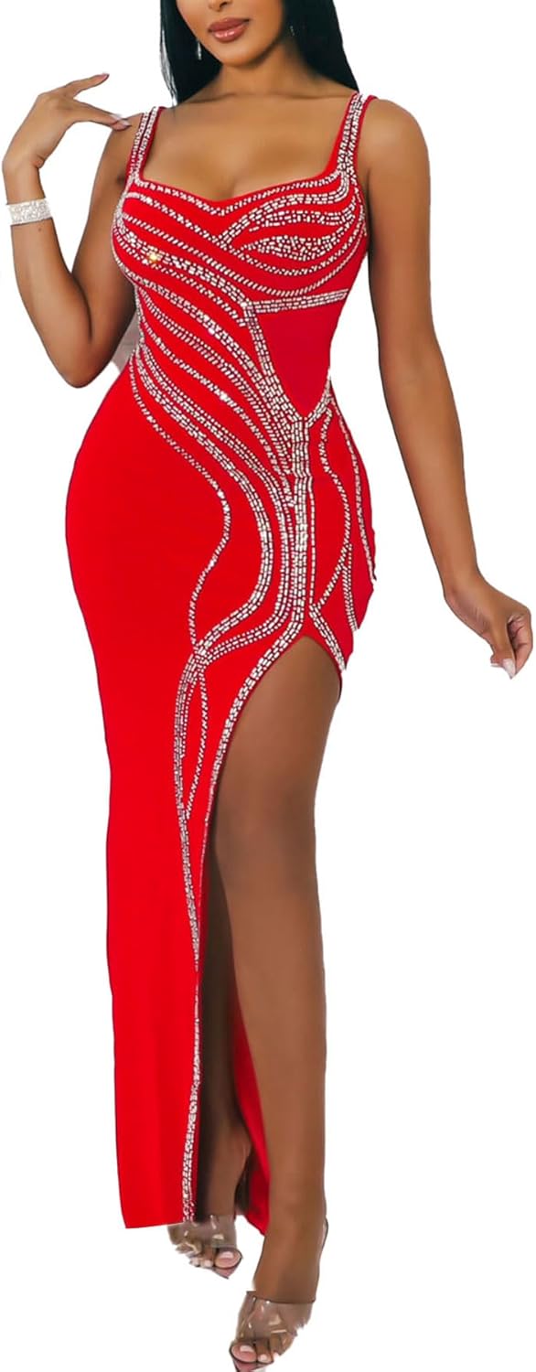 Elegant Rhinestone Sleeveless Party Dress for Nightlife Events
