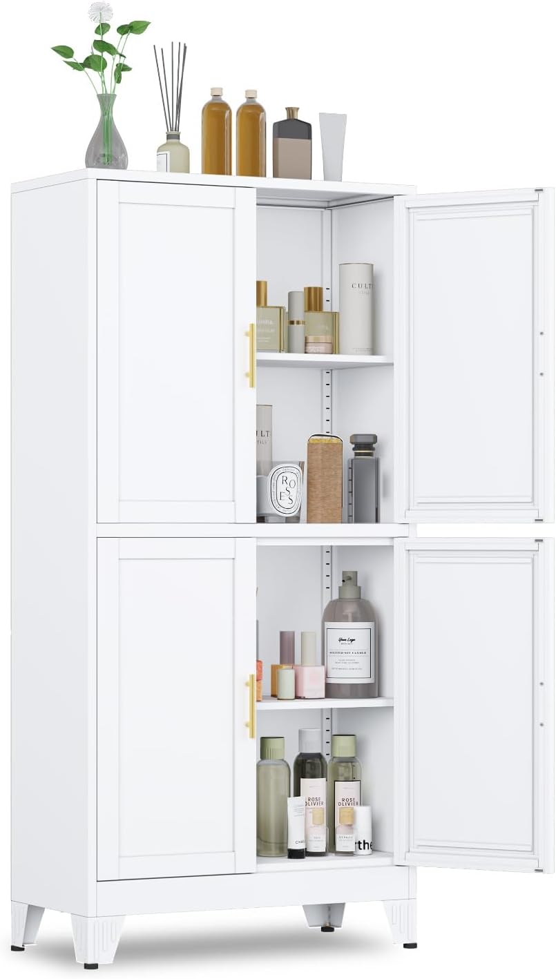 47.25in Metal Pantry Cabinet with 4 Doors and Adjustable Shelves