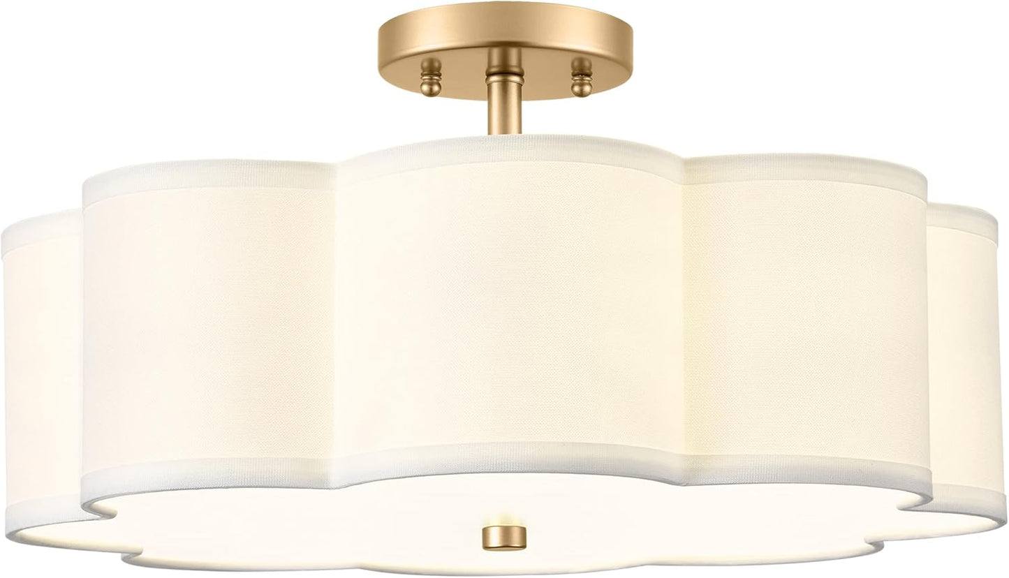 Gold Semi Flush Mount Ceiling Light with Fabric Shade for Home