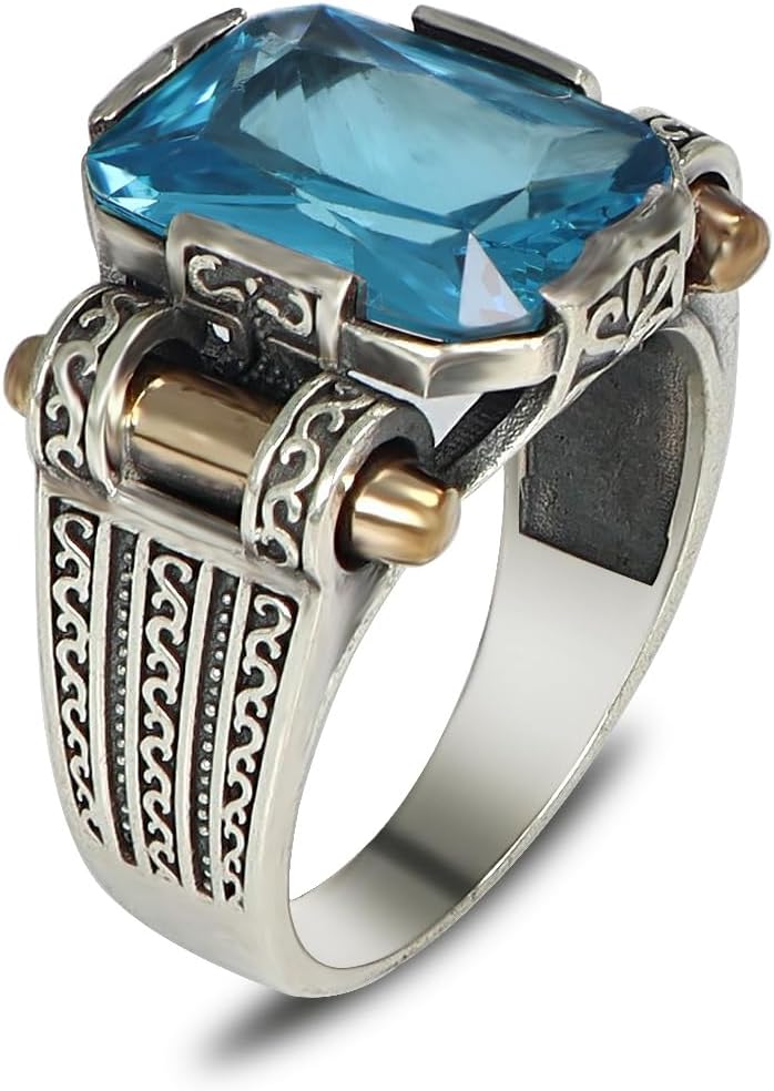 Handmade Men's Vintage Style 925 Sterling Silver Ring with Gemstones
