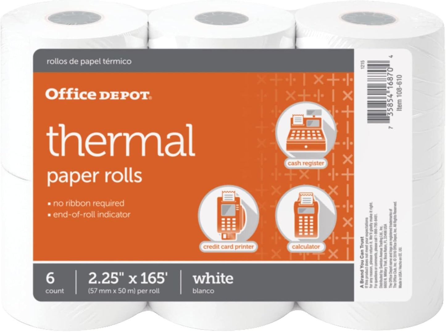 6-Pack White 2.25in. x 165ft. Thermal Paper Rolls