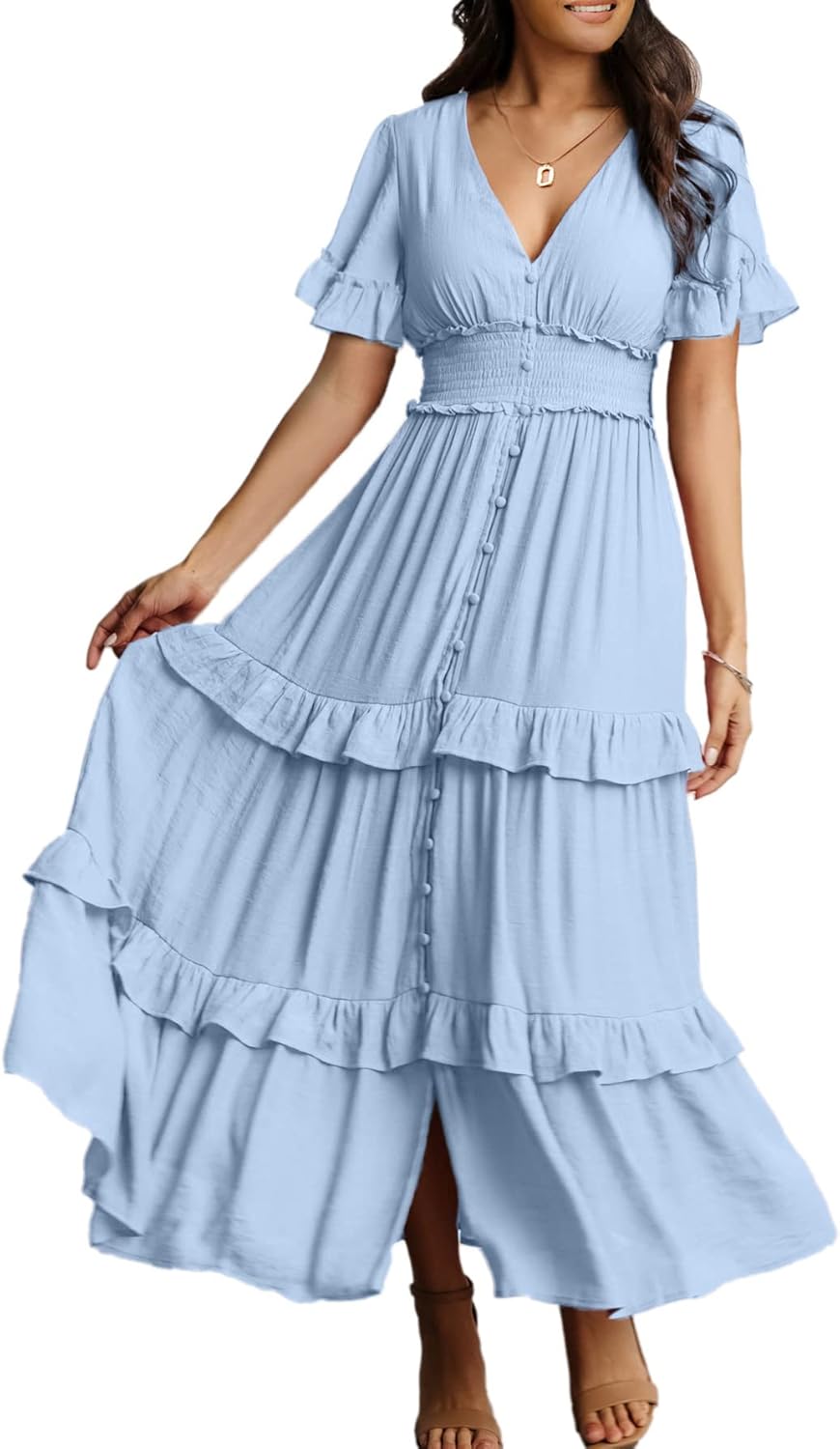 Amegoya Women's V Neck Long Sleeve Boho Maxi Dress for Summer