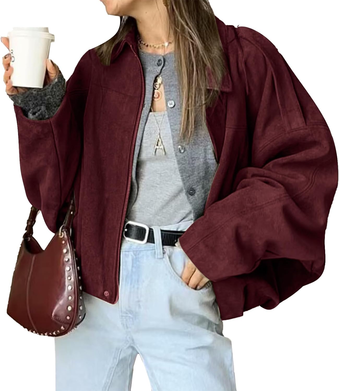 Stylish Women's Faux Suede Bomber Jacket for Casual Outings