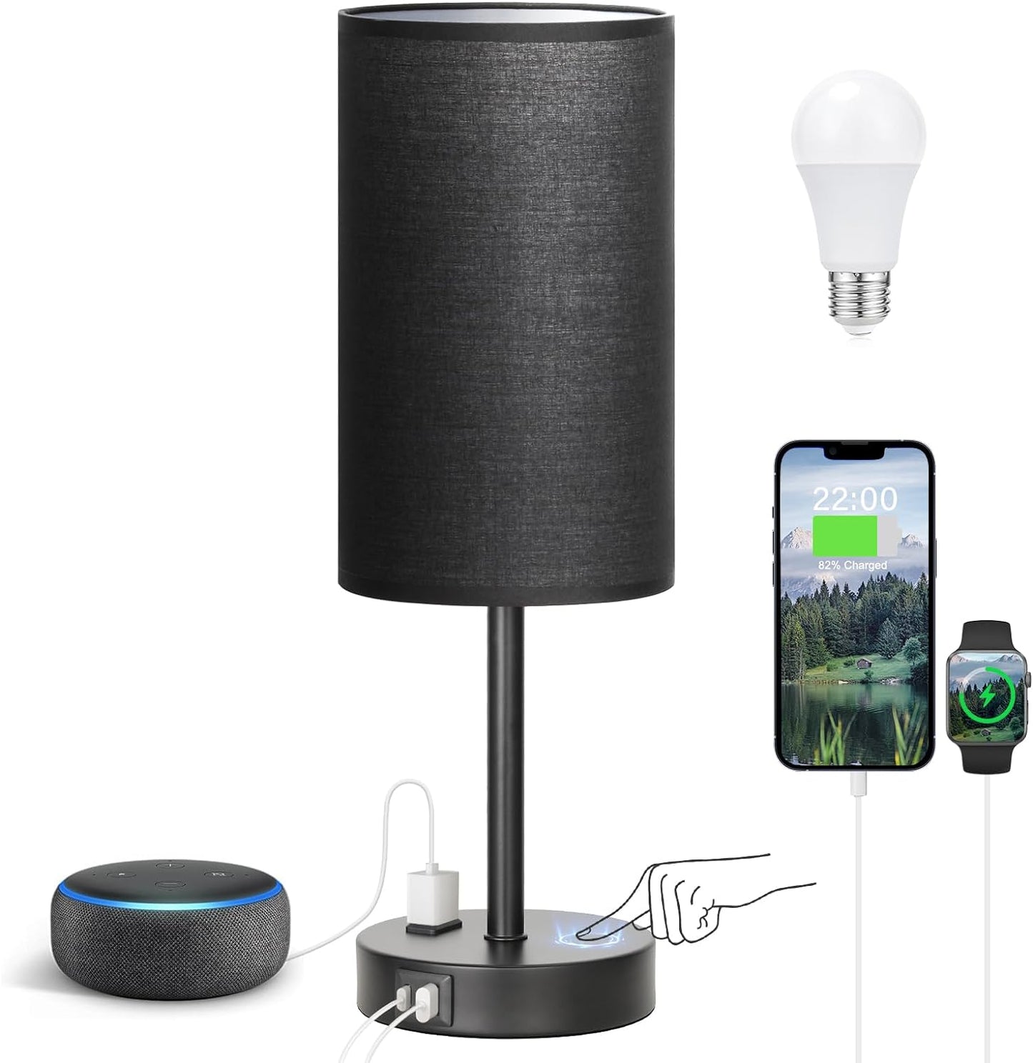 Touch Nightstand Lamp - 3-Way Dimmable with USB Charging Ports