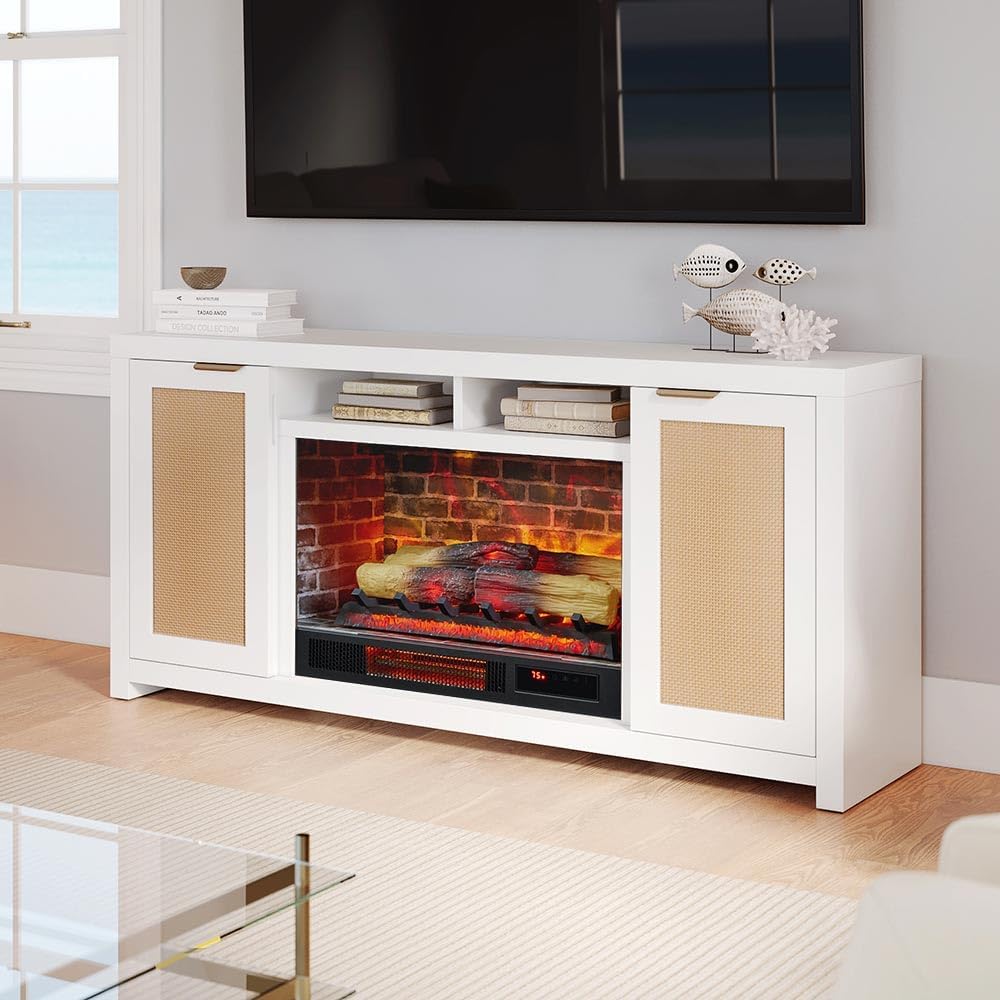 Country Living White TV Stand w/ Electric Fireplace | 1500W Heater | Rattan Doors | Multi-Color Flames