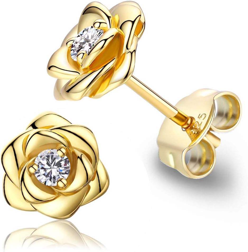 Gold Plated Sterling Silver Rose Flower Earring Studs for Women