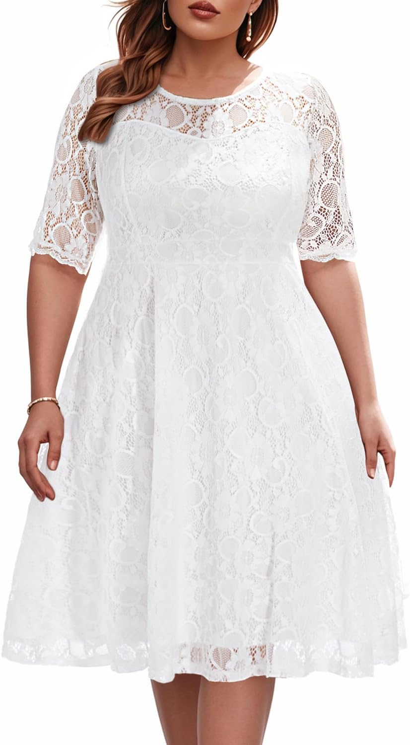 Plus Size Lace V Neck Midi Dress for Wedding Guests & Parties