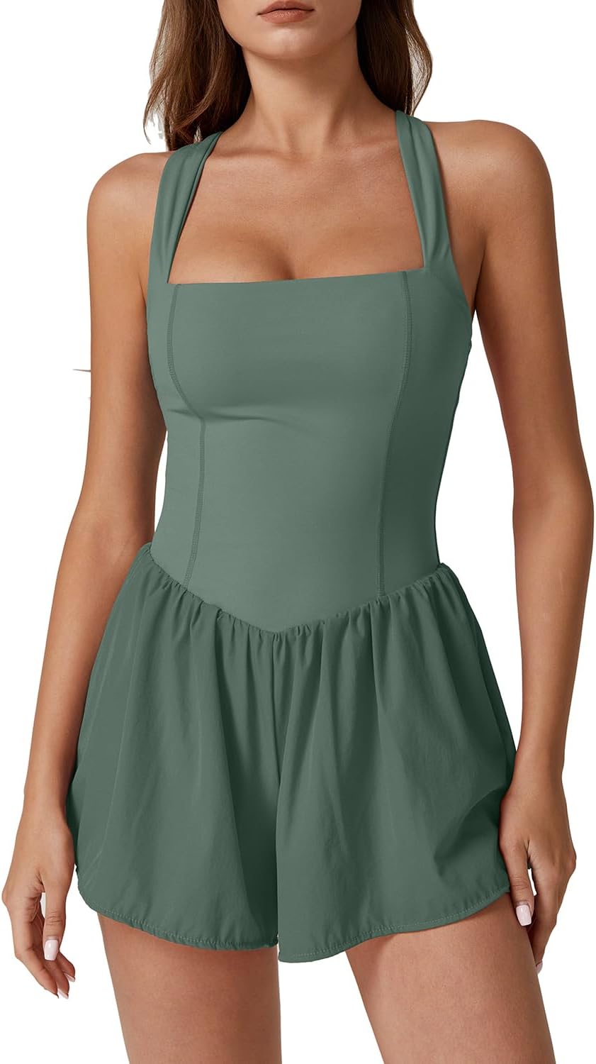 QINSEN Women's Square Neck Sleeveless Romper for Summer Fun