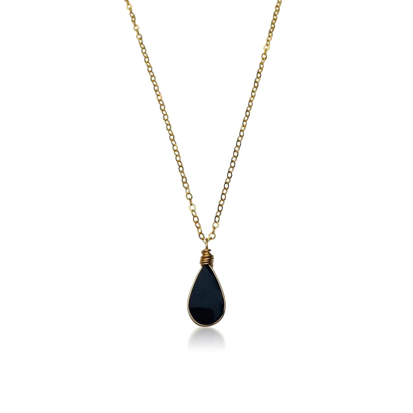 Black Obsidian Stone Pendant Necklace - Dainty Gold Filled Chain