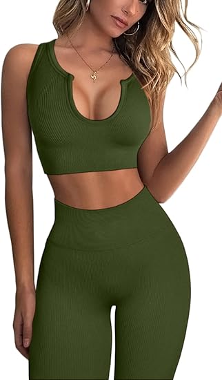 QINSEN Workout Outfits for Women: Ribbed Seamless Yoga Set